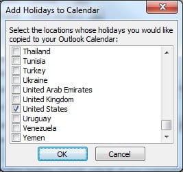 Screenshot depicting choices of holidays to add to your Outlook Calendar.